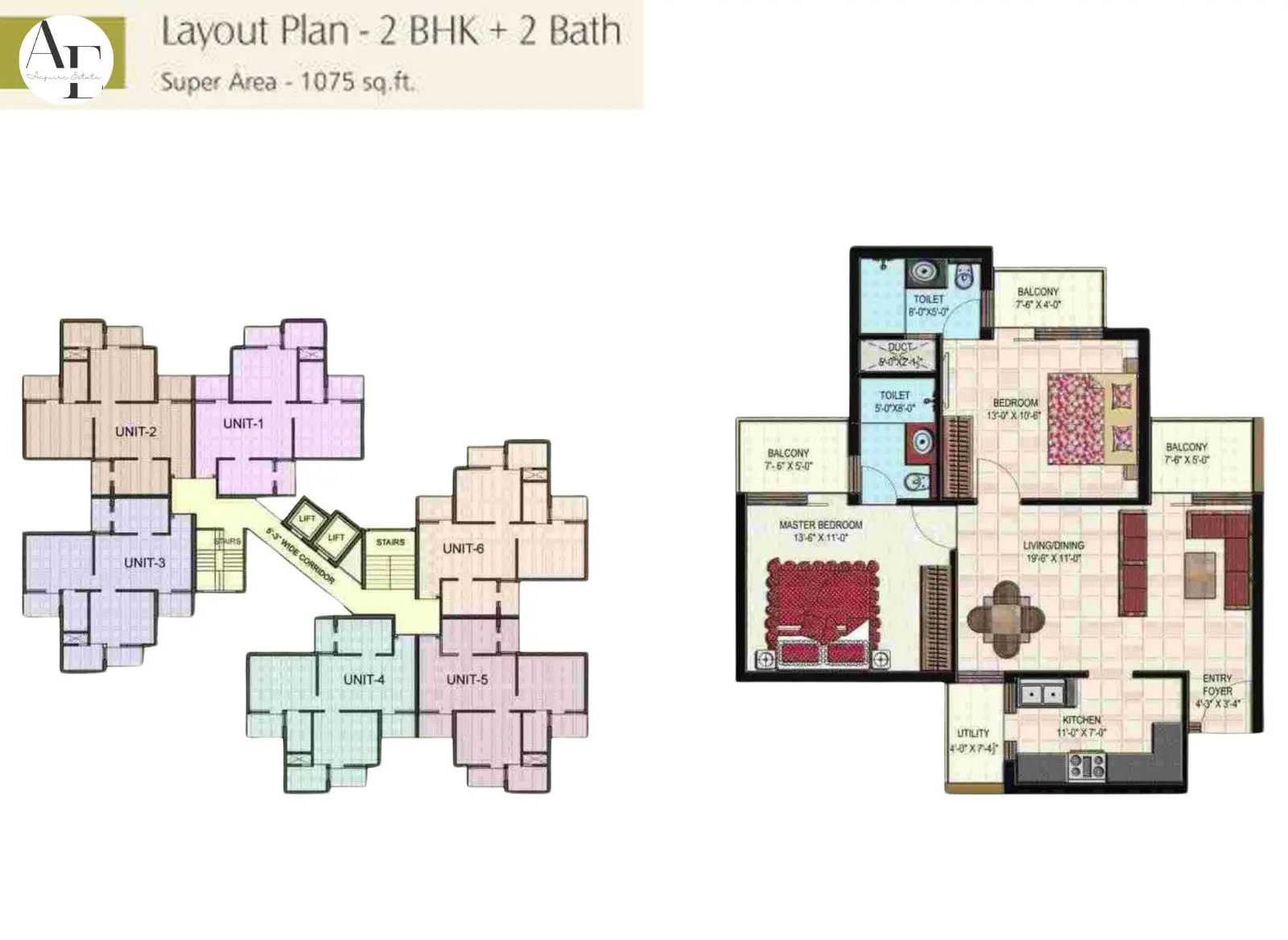 2 BHK + 2 Bath - 1075 Sq Ft