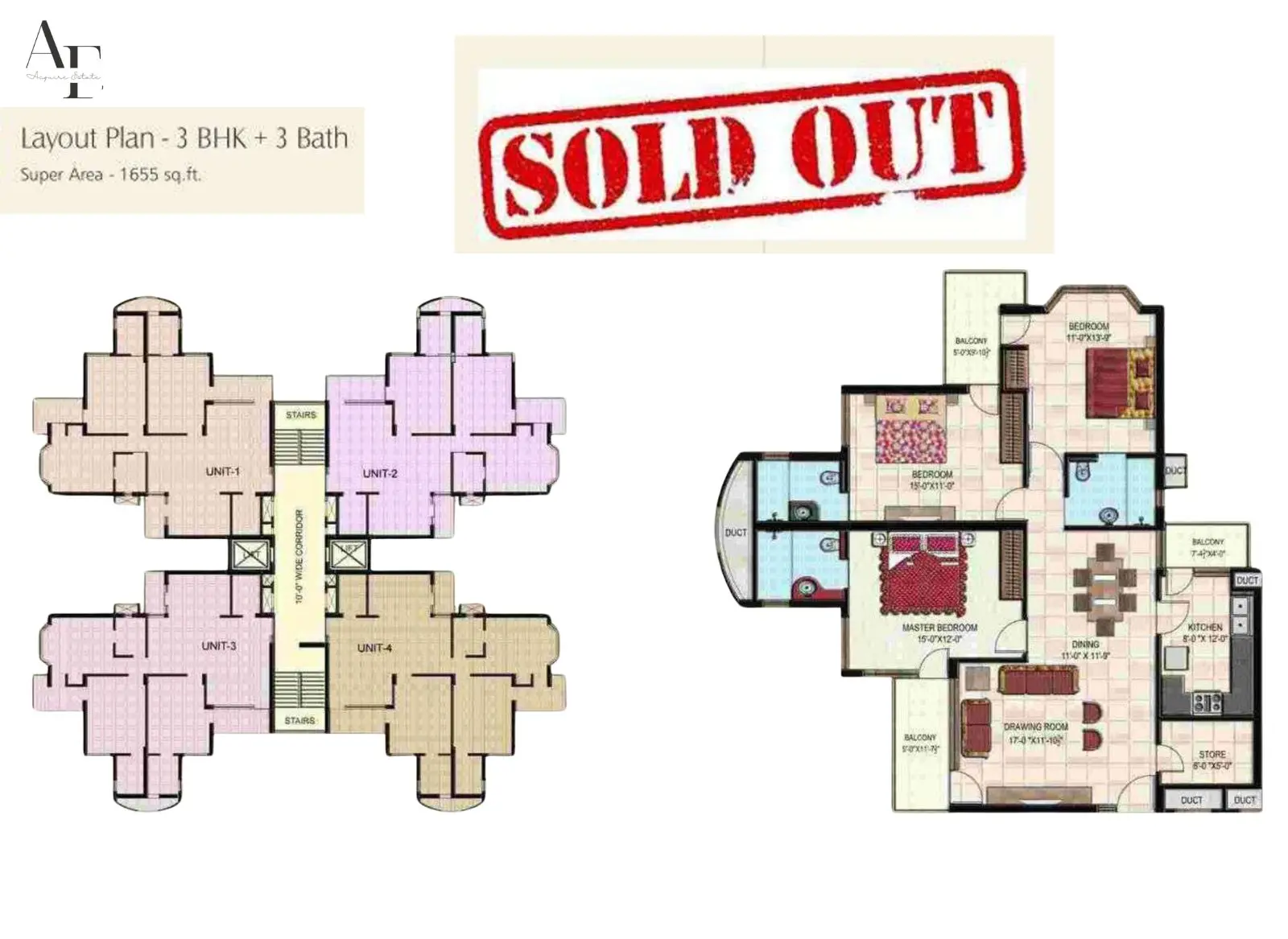 3 BHK + 3 Bath - 1655 Sq Ft