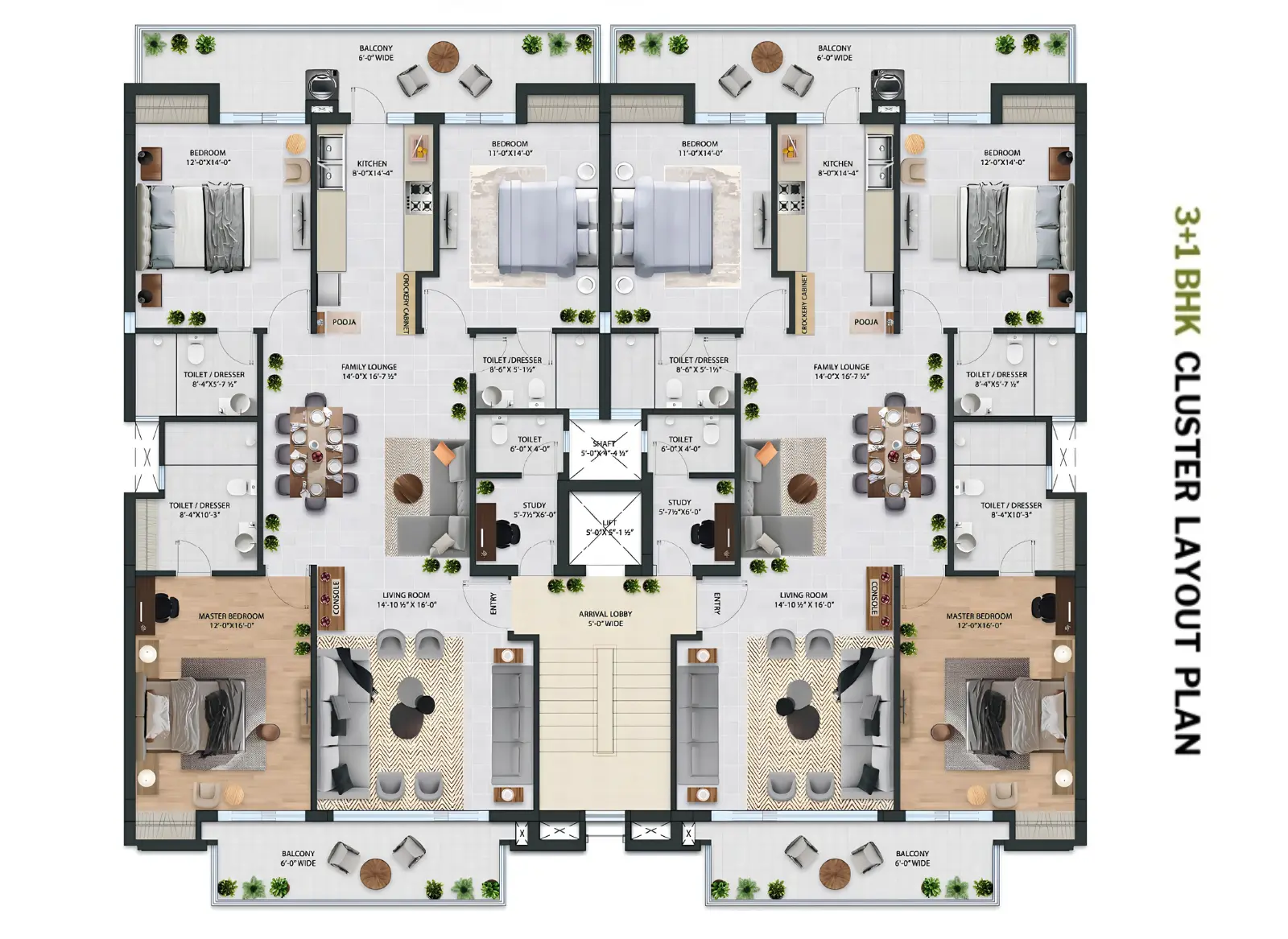 3+1 BHK / 3 BHK + Servant - Cluster Plan