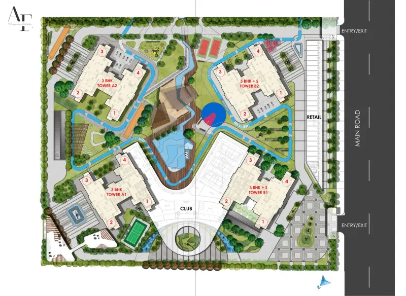 Noble Aurellia site plan showing towers, roads and landscaped spaces