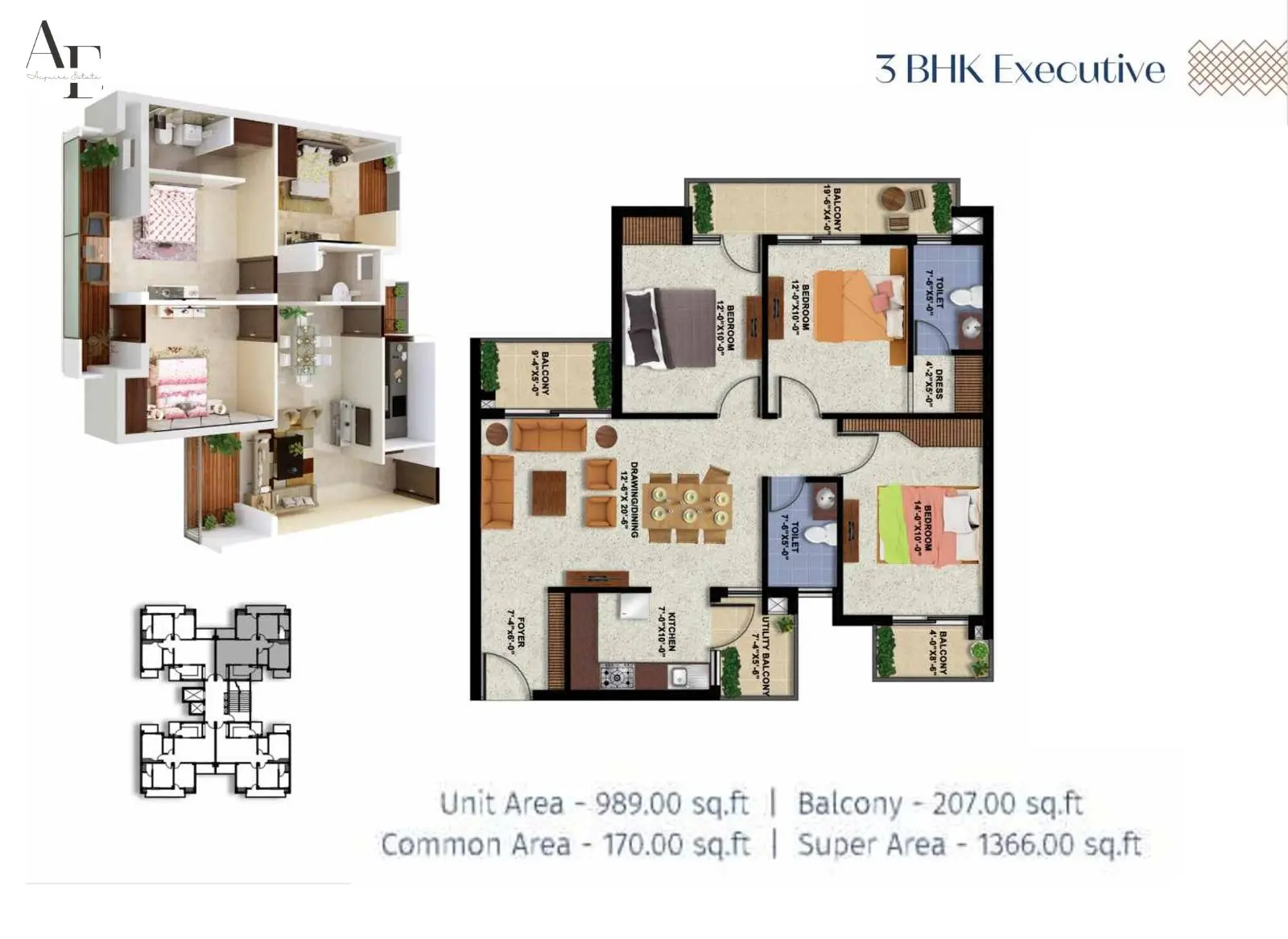 3 BHK + Executive - 1366 Sq Ft