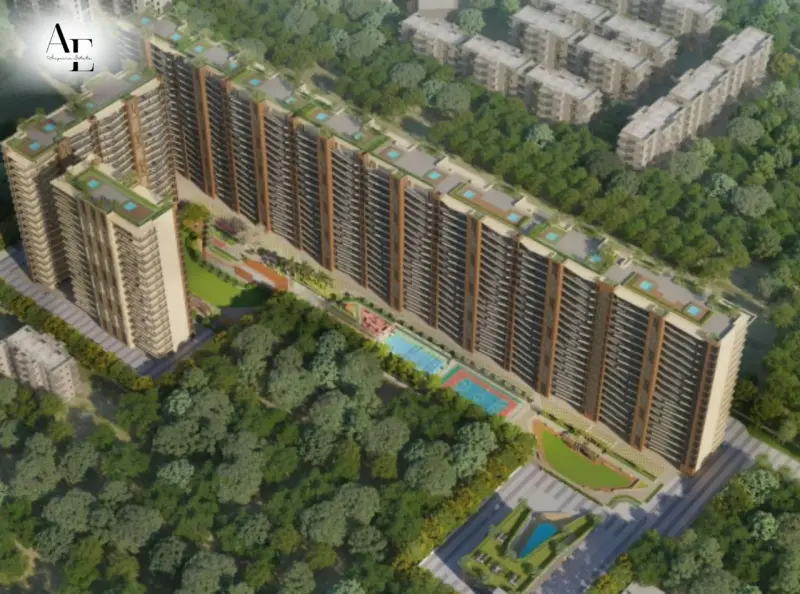 Aerial view of Vamana Arvindam showing residential towers, internal roads and landscaped areas