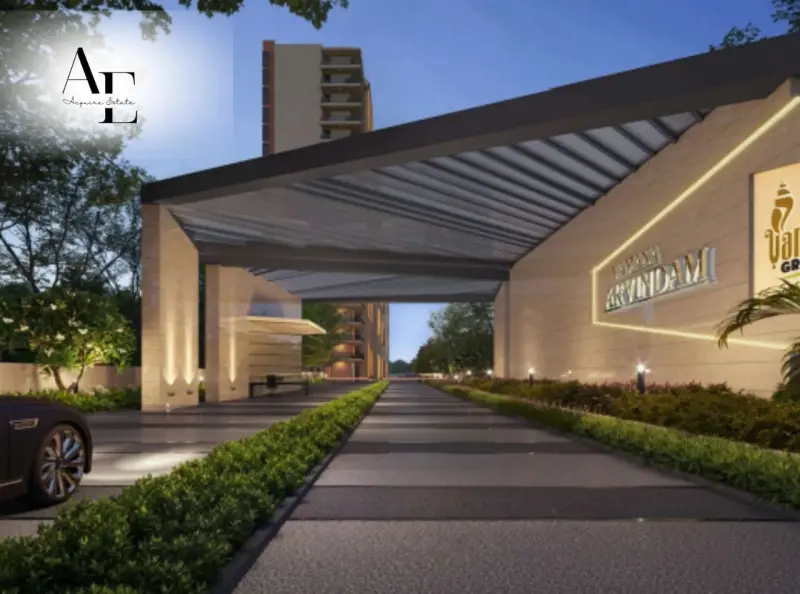Main entrance of Vamana Arvindam with landscaped pathway and modern entry structure
