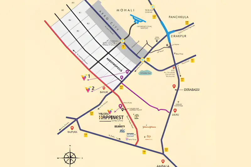 elora Happinest Banur Mohali location map showing connectivity to Chandigarh, Mohali, Zirakpur, and nearby key destinations.