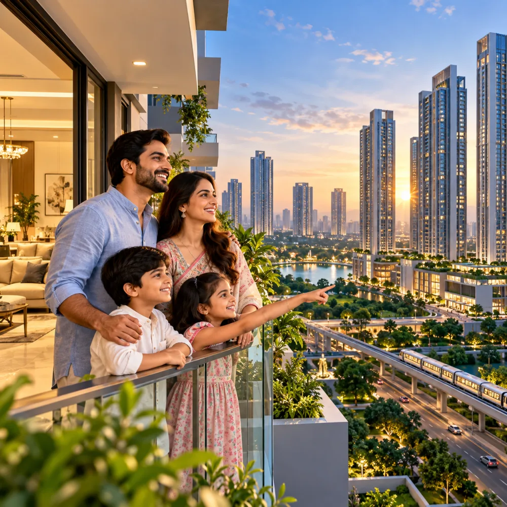 Happy family looking out over Tricity high-rise apartments from their balcony at sunset